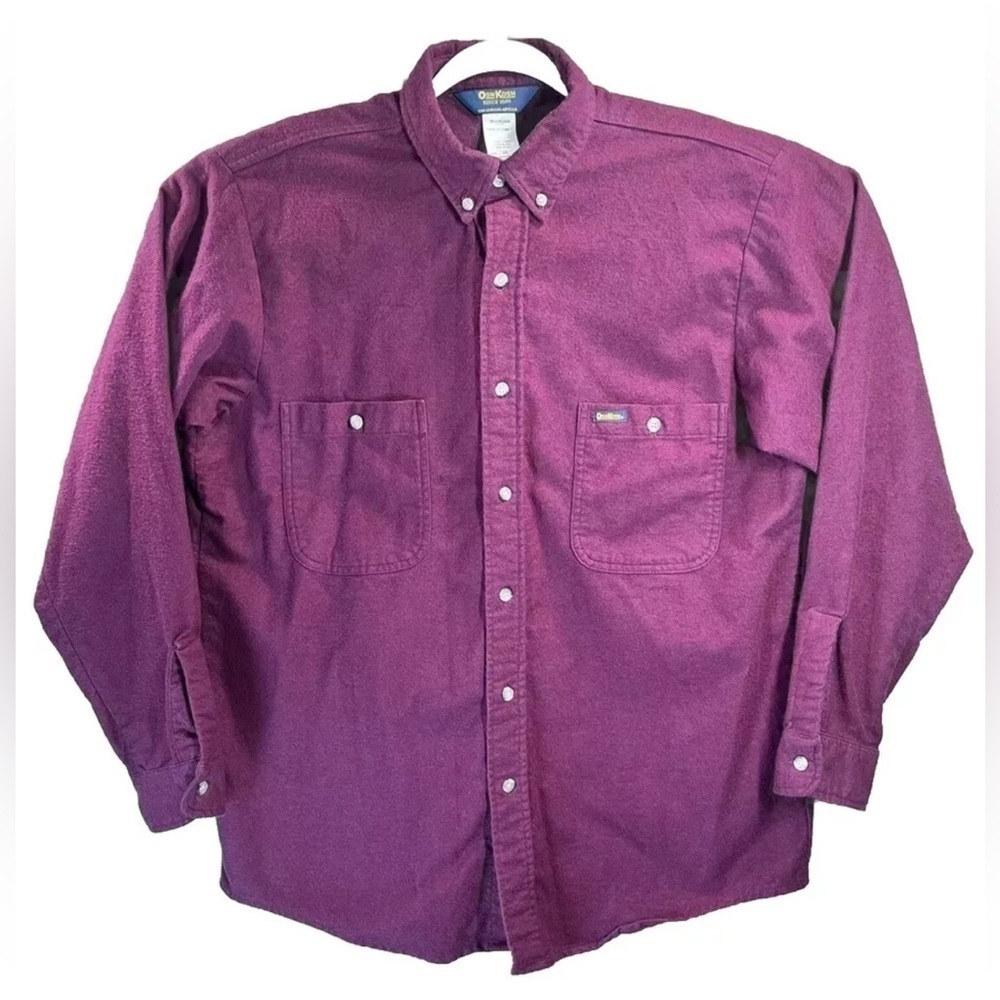 Vintage Shirt Shacket OshKosh Mens Large Chamois Flannel Button Burgundy 90s